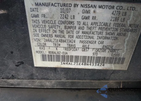 2008 Nissan Altima 2.5 S from USA, damaged, VIN 1N4AL21E48N433424